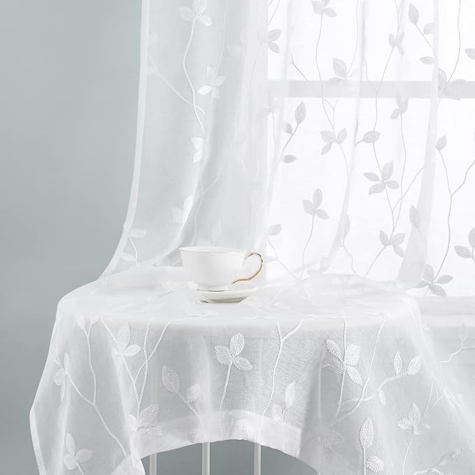 HOMEIDEAS White Sheer Curtains 52 X 84 Inches Length 2 Panels Embroidered Vine - Image 7