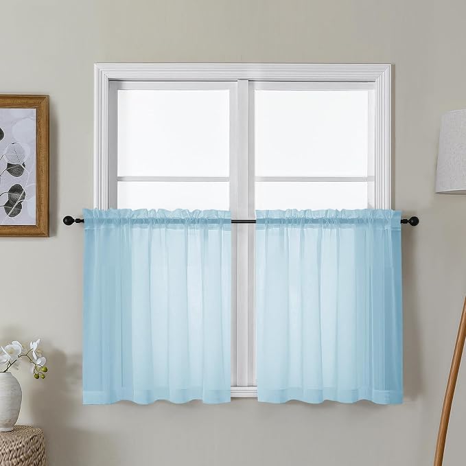Gwine Sky Blue Sheer Curtain Tiers 24 Inch Length, Light Filtering Voile Short by Gwine
