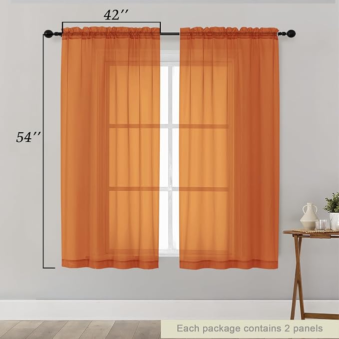 Sheer Orange Curtains for Bedroom Living Room 54 Inch Length 2 Panels Set - Image 2