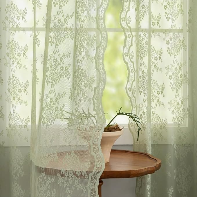 YJ YANJUN Vintage Lace Curtains -Victorian Floral Sage Green 102 inches Curtains by YJYANJUN