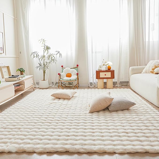 Creamy White Rabbit Plush Rug 6'x9', Fluffy Faux Fur Shaggy Area Rug by CHOVY