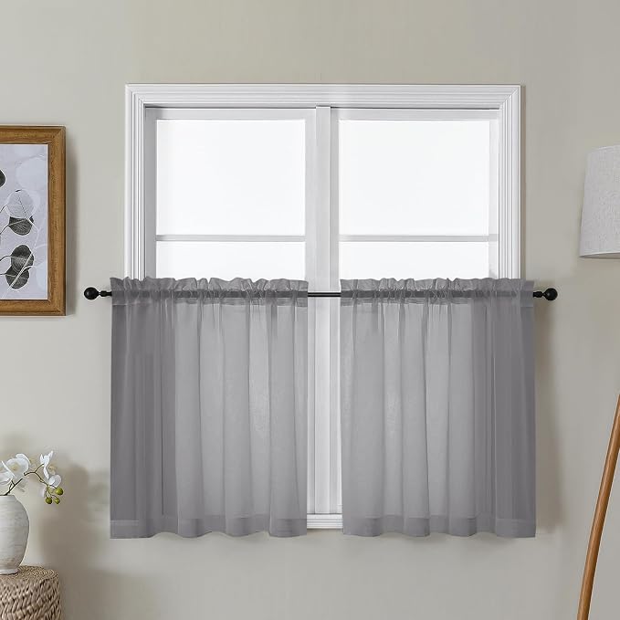 Gwine Charcoal Grey Sheer Curtain Tiers 24 Inch Length, Light Filtering Voile by Gwine