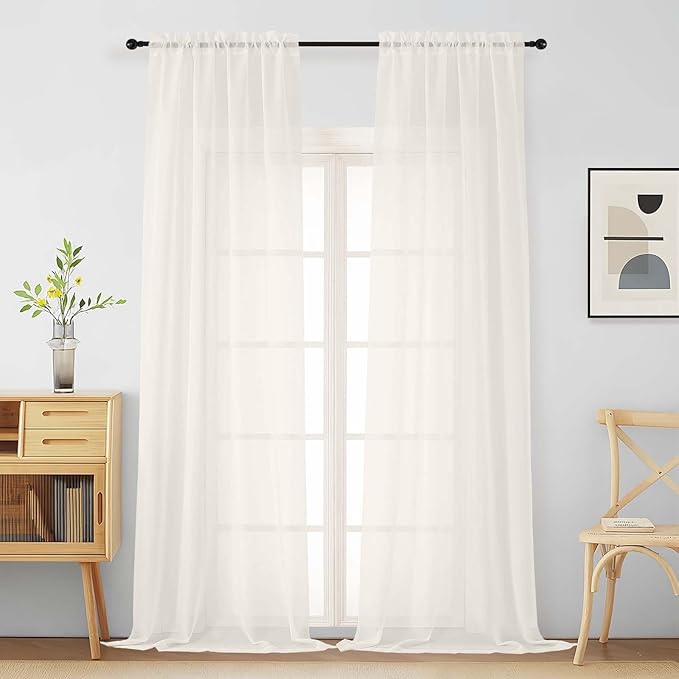 Ivory Sheer Curtains for Window 96 Inches Long 2 Panels Set, Soft Airy Light by Home