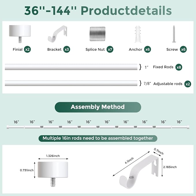 VOIIY White Curtain Rods for Windows 72 to 144 Inch, Size:36-144 Inch - Image 8