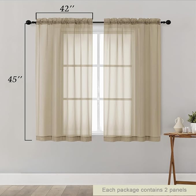 Taupe Sheer Curtains for Bedroom Living Room 45 Inch Length 2 Panels, Soft Airy - Image 2