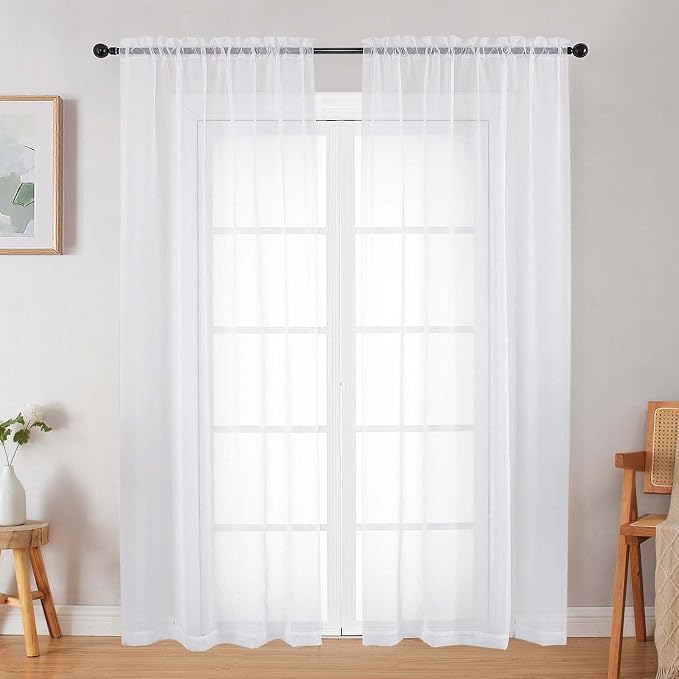 White Sheer Curtain for Bedroom Living Room 72 Inches Long 2 Panels Set by WelvetBLK
