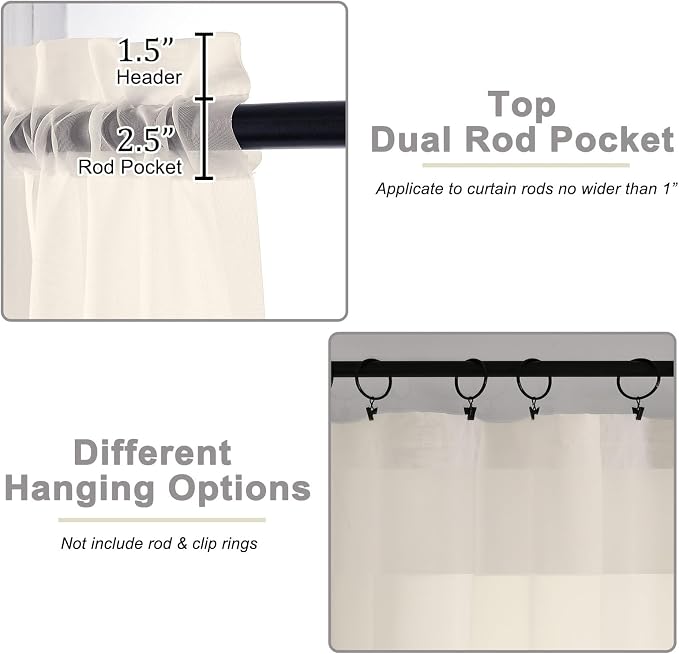 Cream Sheer Curtains 63 Inch Length 2 Panels Set - Image 4