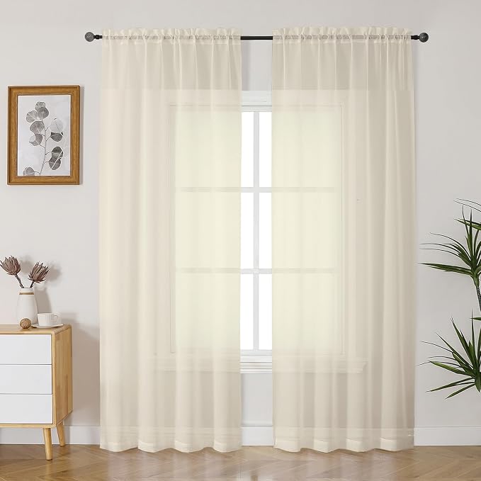 Gwine Cream Sheer Curtains 90 Inches Long 2 Panels Set, Light Filtering Solid by Gwine