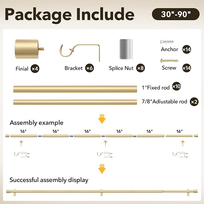 IFELS 2 Pack Curtain Rods for Windows 48 to 84 Inch, 1 Inch Gold Curtain Rod - Image 8