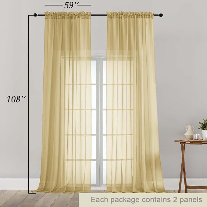 Extra Long Gold Sheer Curtains for Bedroom Living Room 108 Inches Long 2 Panels - Image 2