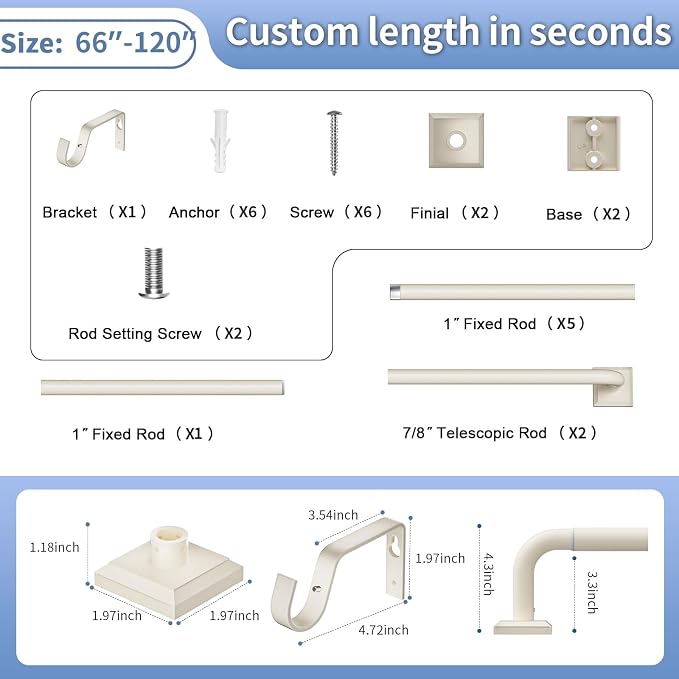 Beige White Curtain Rods for Windows 66-120Inch Heavy Duty French Return Rod - Image 8