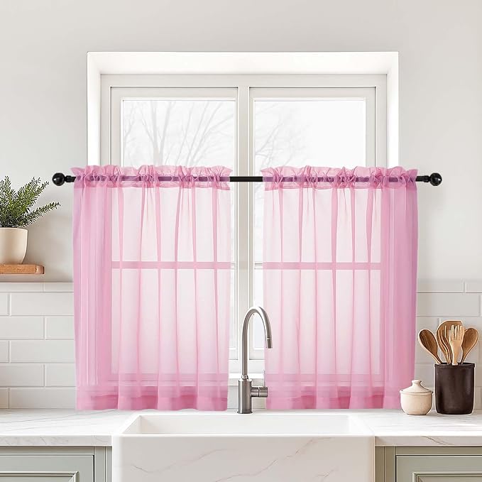 Light Pink Small Sheer Curtains Tier 24 Inches Length 2 Pieces, Light Filtering by Home