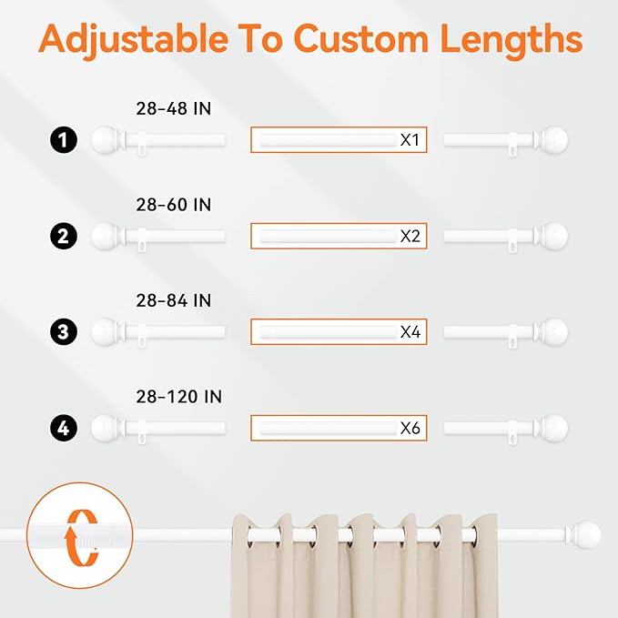 White Curtain Rods for Windows 48 to 84 or 88 Inches Max-2 Pack 5/8'' Metal - Image 5