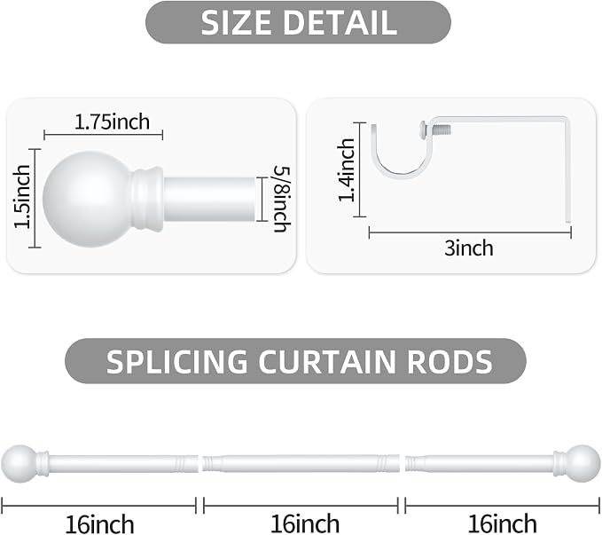 Thestoa Curtain Rods for Windows 66-120 Inch, 5/8" White Curtain Rods, - Image 3