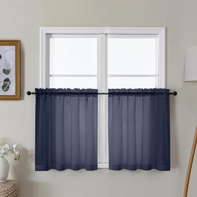 Gwine Navy Blue Sheer Curtain Tiers 24 Inch Length, Light Filtering Voile Short by Gwine