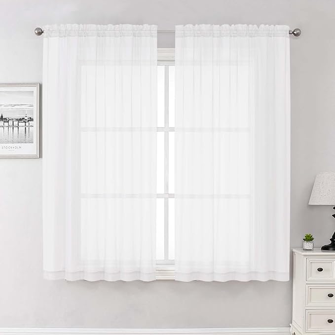 Lecloud White Sheer Curtains 63 Inch Length 2 Pcs, Light Filtering Rod Pockets by Lecloud