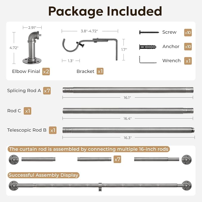 Zeerobee Curtain Rods for Windows 72 to 144, 1 Inch Industrial Wrap Around Grey - Image 7
