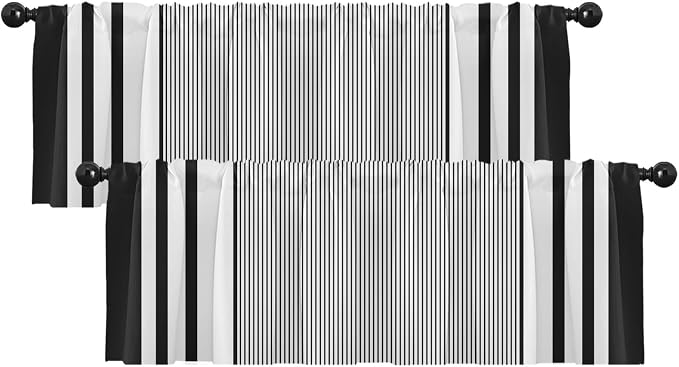 Emvency 2 Pack Valances Window Treatments, Striped Geometric Minimalist Black by Emvency