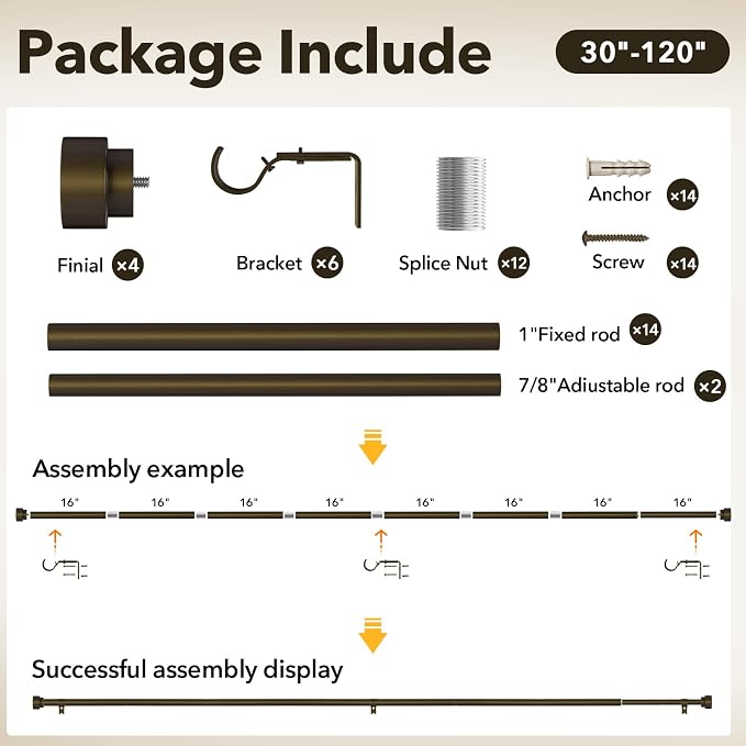 IFELS Heavy Duty Curtain Rods for Windows 66 to 120 Inch, 1 Inch Bronze Curtain - Image 7