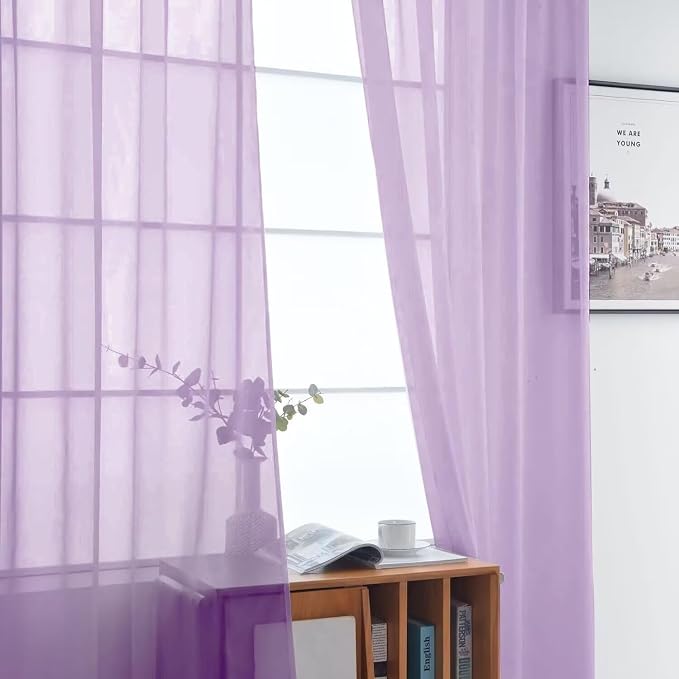 SpaceDresser Basic Rod Pocket Sheer Voile Window Curtain Panels Lavender 1 Pair - Image 3