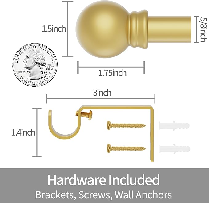 Thestoa Gold Curtain Rods for Windows 66-120 Inch, 5/8" Stainless Steel Small - Image 3