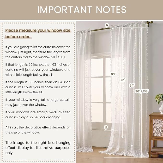 WAZZIO Boho Lace Curtains 2 Panels 63 Inches -Cute Vintage Victorian Sheer - Image 8