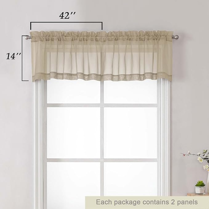 Taupe Valances for Windows, Taupe Sheer Curtains 14 Inch Length 2 Pack Kitchen - Image 2