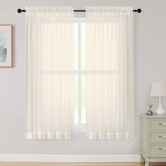 Cream Sheer Curtains 63 Inch Length 2 Panels Set by WelvetBLK