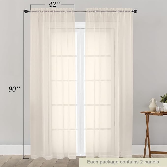 Sheer Cream Curtains for Bedroom Living Room 90 Inches Long 2 Panels Set - Image 2