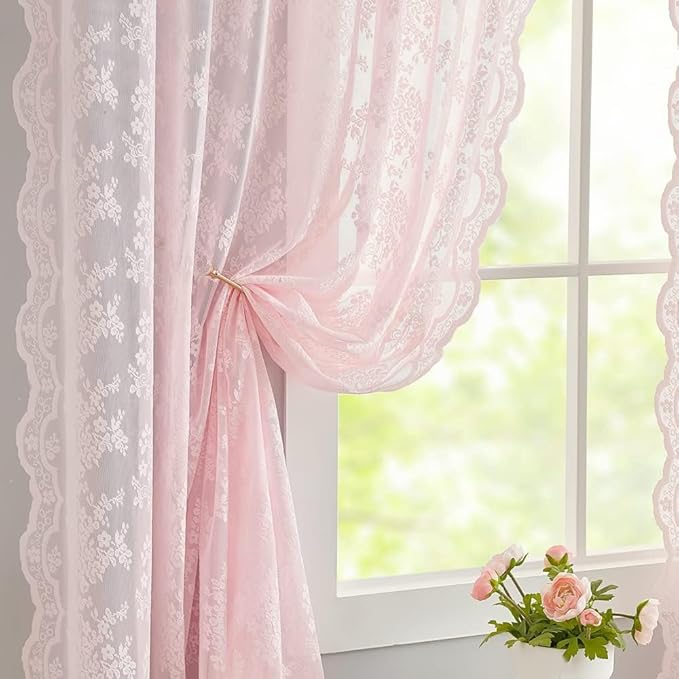 YJ YANJUN Vintage Lace Curtains 108 inches Long 2 Panels Cute Floral Pink Sheer by YJYANJUN