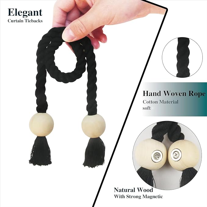 4 Pack Magnetic Curtain Tiebacks Cotton Hand Woven Tie Back Decorative Rope - Image 2