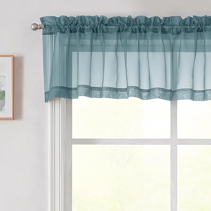 Dusty Blue Valances for Windows, Sheer Curtains 14 Inch Length 2 Pack Kitchen by WelvetBLK