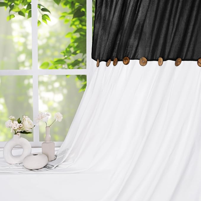 FRAMICS Farmhouse Cotton Linen Curtains, Boho Button Panels, 2 Panels - Image 7