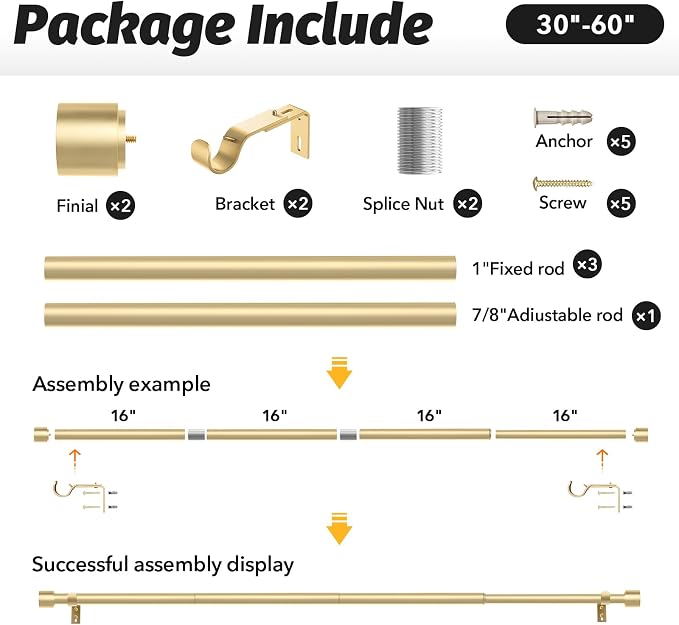 GEEBOBO Gold Curtain Rods for Windows 28 to 48 Inch, 1 Inch Adjustable Heavy - Image 6