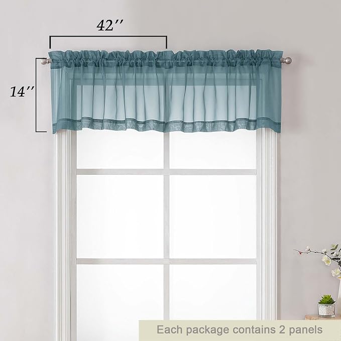 Dusty Blue Valances for Windows, Sheer Curtains 14 Inch Length 2 Pack Kitchen - Image 2