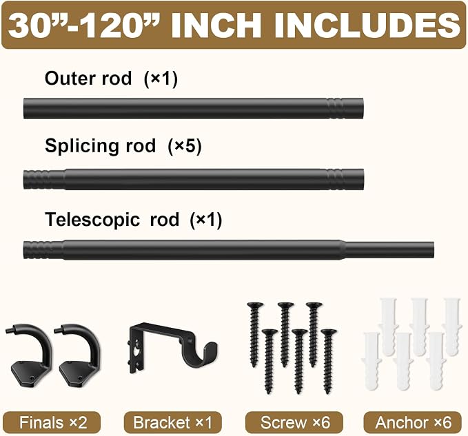 GXOACKJ Black Curtain Rods for Windows 66 to 120 inch, 5/8 inch Adjustable Wrap - Image 5
