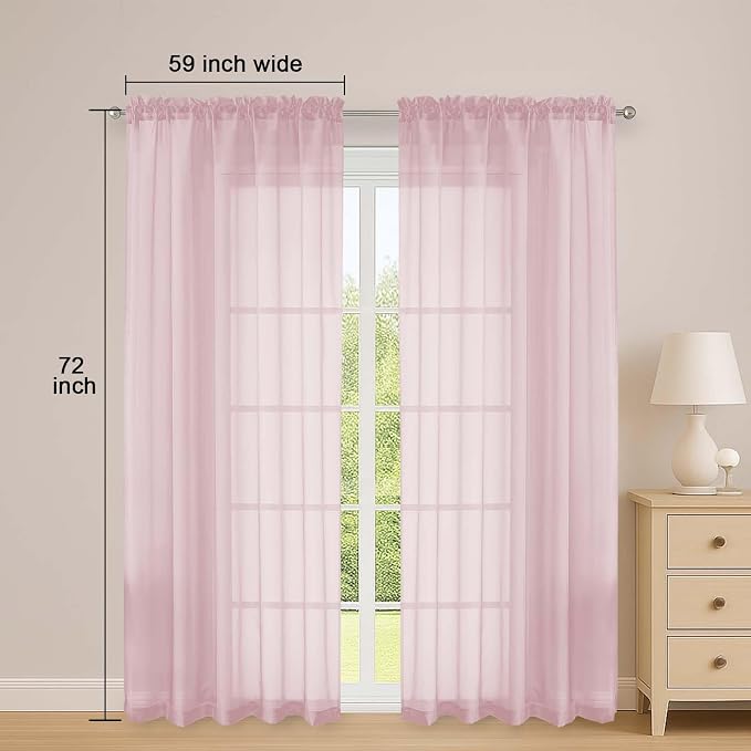 OWENIE Blush Sheer Curtains 72 Inches Long 2 Panels Set, Transparent Voile - Image 2