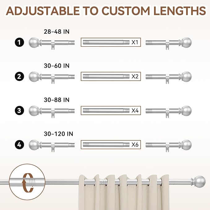 Silver Curtain Rod for Windows 66 to 120 Inch, 5/8 Inch Diameter Adjustable - Image 5