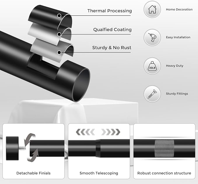 VOIIY Curtain Rods for Windows 72 to 144 Inch, Size:36-144 Inch - Image 7