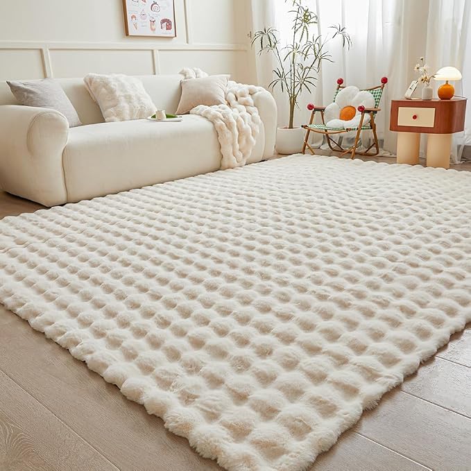 Creamy White Rabbit Plush Rug 6'x9', Fluffy Faux Fur Shaggy Area Rug - Image 2