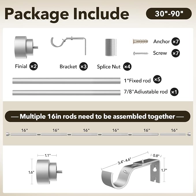 IFELS Heavy Duty Curtain Rods for Windows 48 to 84 Inch, 1 Inch Silver Window - Image 7