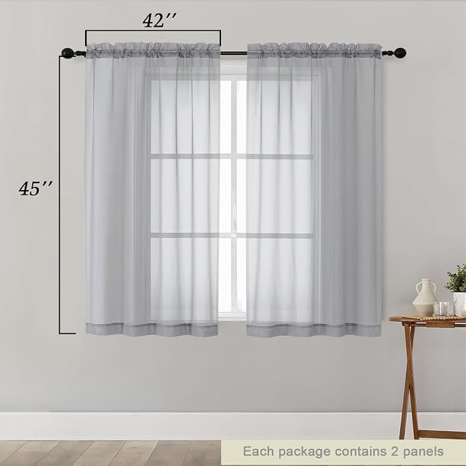 Light Grey Sheer Curtains for Bedroom Living Room 45 Inch Length 2 Panels - Image 2