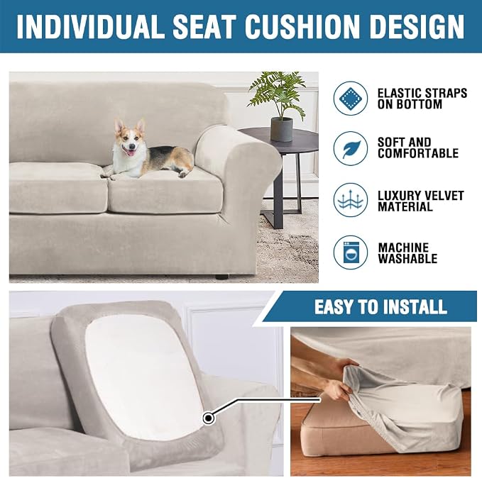 H.VERSAILTEX Modern Velvet Plush 4 Piece High Stretch Sofa Slipcover Furniture - Image 7