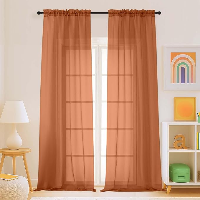 Orange Sheer Curtains for Window 96 Inches Long 2 Panels Set, Soft Airy Light by Home