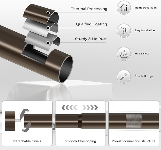 VOIIY 2 Pack Curtain Rods for Windows 18 to 42 Inch, Bronze 1'' Diameter - Image 7