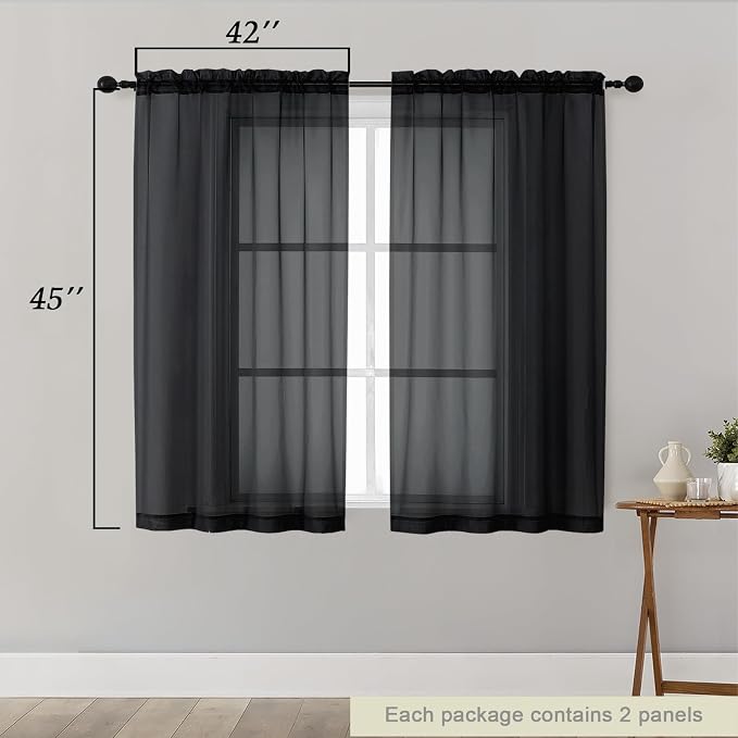 Black Sheer Curtains for Bedroom Living Room 45 Inch Length 2 Panels, Soft Airy - Image 2