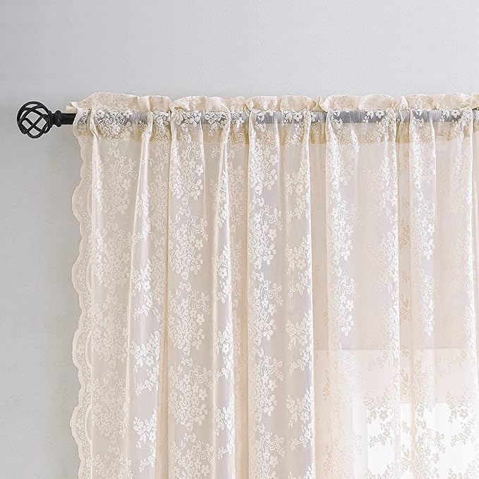 YJ YANJUN Vintage Lace Curtains 72 inchLength Romantic Flowers Sheer Pink Lacy - Image 3