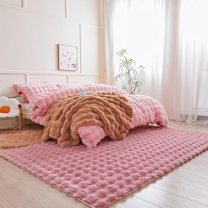 Pink Rabbit Plush Rug 5'x8', Fluffy Faux Fur Shaggy Area Rug - Image 4