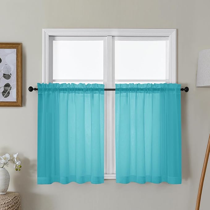 Gwine Turquoise Sheer Curtains 30 Inch Length, Short Light Filtering Voile by Gwine