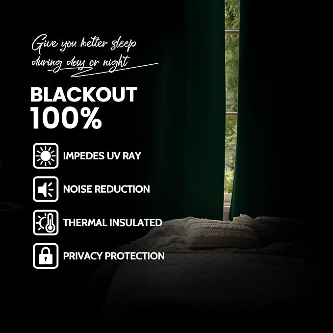 Yakamok 100% Blackout Curtains Dark Green Room Darkening Thermal Insulated - Image 2